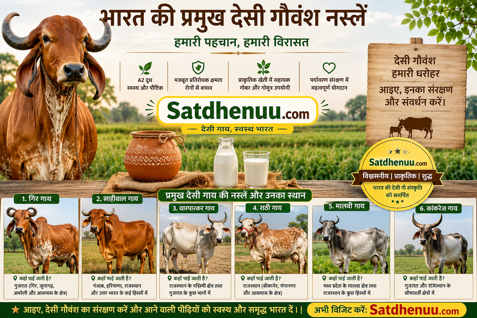 भारत की प्रमुख देसी गायों की नस्लों जैसे गिर, साहीवाल, थारपारकर, राठी, मालवी और कांकरेज के बारे में जानें। उनकी विशेषताएँ, लाभ और वे कहाँ पाई जाती हैं।